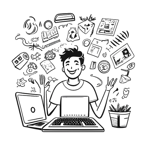 Disegno a linea rappresentante IShowSpeed, un giovanotto allegro seduto davanti a un computer, con icone di piattaforme video, note musicali e dollari, simboleggianti varie fonti di reddito, su sfondo bianco.