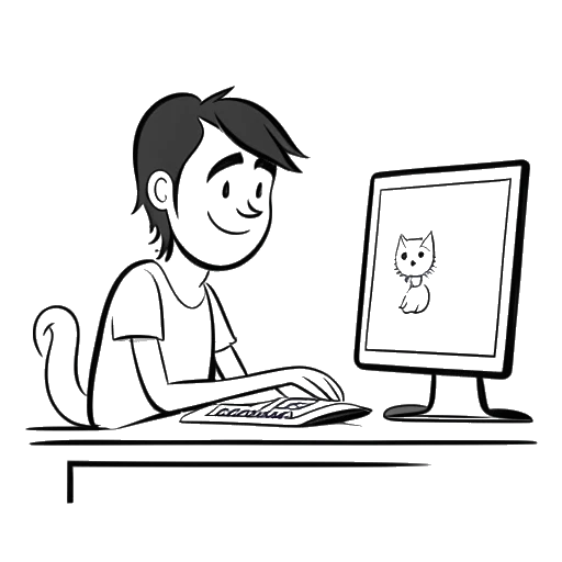 Dibujo de line art de un hombre, que representa a IShowSpeed, con cabello largo, sentado frente a una computadora con Talking Tom mostrado en la pantalla.