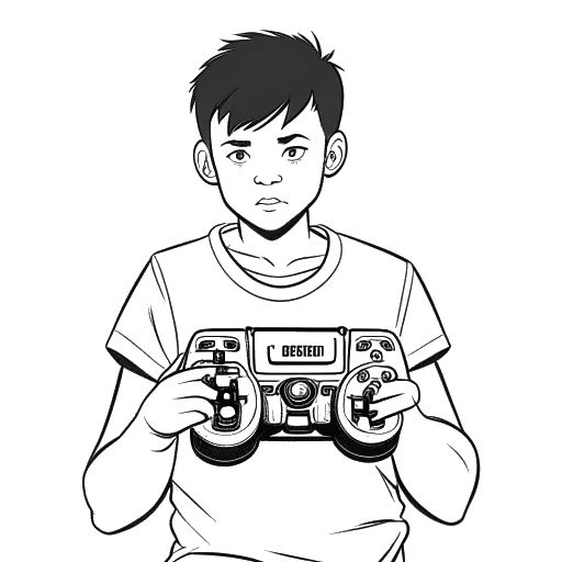 Desenho de linha de um garoto, representando o IShowSpeed, segurando um controle de jogo, com logos da NBA 2K e Fortnite ao fundo.