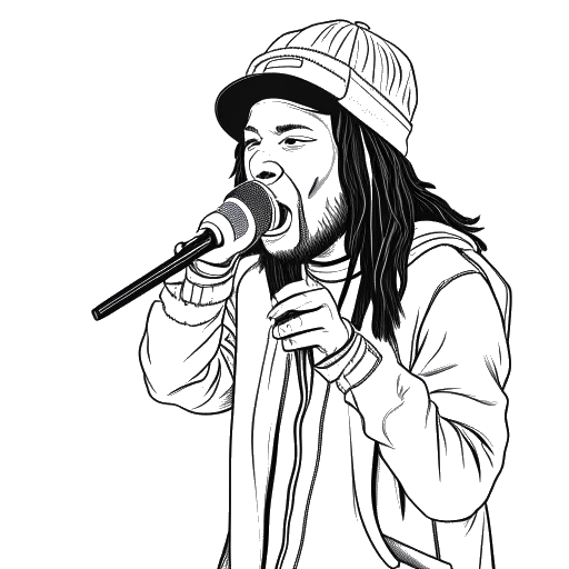 Disegno in stile line art di un uomo, che rappresenta IShowSpeed, con capelli lunghi, che si trova su un palco con un microfono, con Ski Mask the Slump God e DJ Scheme visualizzati sullo sfondo.