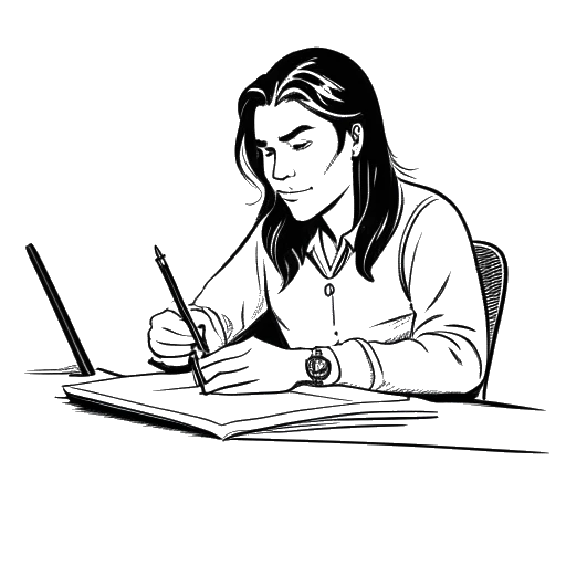 Disegno in stile line art di un uomo, che rappresenta IShowSpeed, con capelli lunghi, che firma un contratto, con il logo di Rumble visualizzato sulla scrivania.