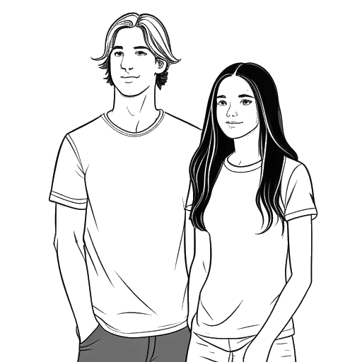 Desenho de linha de um homem, representando o IShowSpeed, com cabelos longos, ao lado de uma menina mais nova, ambos vestindo camisetas esportivas.