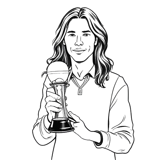 Desenho de linha de um homem, representando o IShowSpeed, com cabelos longos, segurando um troféu.
