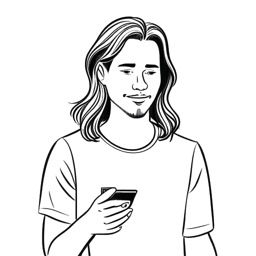 Desenho de linha de um homem, representando o IShowSpeed, com cabelos longos, segurando um smartphone com o aplicativo Talking Ben aberto.