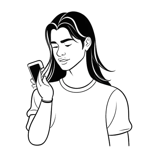 Desenho de linha de um homem, representando o IShowSpeed, com cabelos longos, segurando um smartphone com o logo do TikTok.