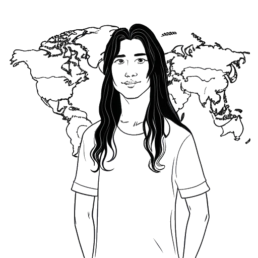 Dibujo de line art de un hombre, que representa a IShowSpeed, con cabello largo, parado frente a un mapa mundial con alfileres marcando Qatar, Japón, Reino Unido e India.