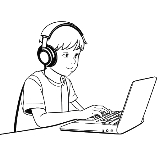 Desenho de linha de um garoto, representando o IShowSpeed, com um headset e expressão focada, trabalhando em um computador.
