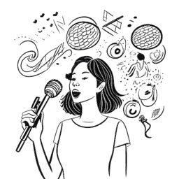 Line art representation of a woman, embodying Olivia Rodrigo, speaking on advocacy topics into a microphone, surrounded by icons of mental health, gender equality, and music, set against a white canvas.