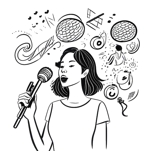 Representação artística de uma mulher, incorporando Olivia Rodrigo, falando sobre temas de defesa em um microfone, cercada por ícones de saúde mental, igualdade de gênero e música, em um fundo branco.