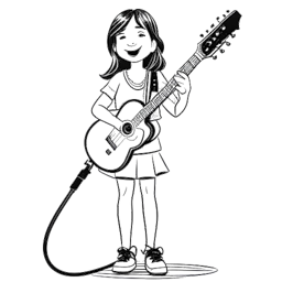 Lijnkunsttekening van een jong meisje, dat Olivia Rodrigo vertegenwoordigt, met een microfoon en een gitaar, met Disney-elementen op de achtergrond, alles tegen een witte achtergrond.
