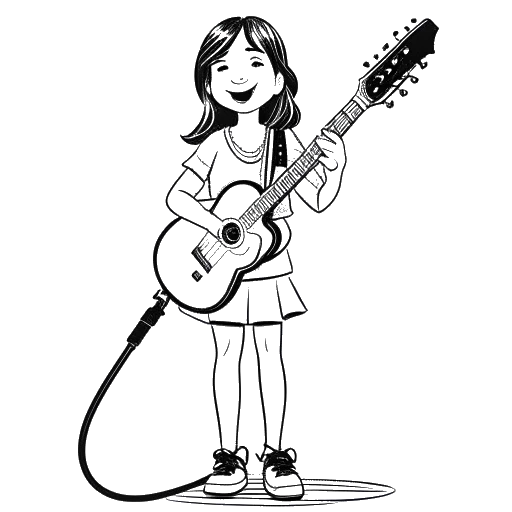 Lijnkunsttekening van een jong meisje, dat Olivia Rodrigo vertegenwoordigt, met een microfoon en een gitaar, met Disney-elementen op de achtergrond, alles tegen een witte achtergrond.
