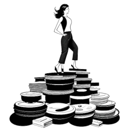 Line art drawing of a woman, representing Olivia Rodrigo, metaphorically stands victorious on a pile of classic vinyl records labeled with her popular song titles, against a pure white backdrop.