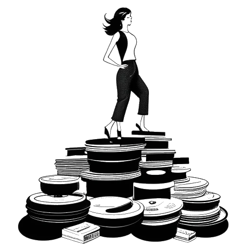 Line art drawing of a woman, representing Olivia Rodrigo, metaphorically stands victorious on a pile of classic vinyl records labeled with her popular song titles, against a pure white backdrop.