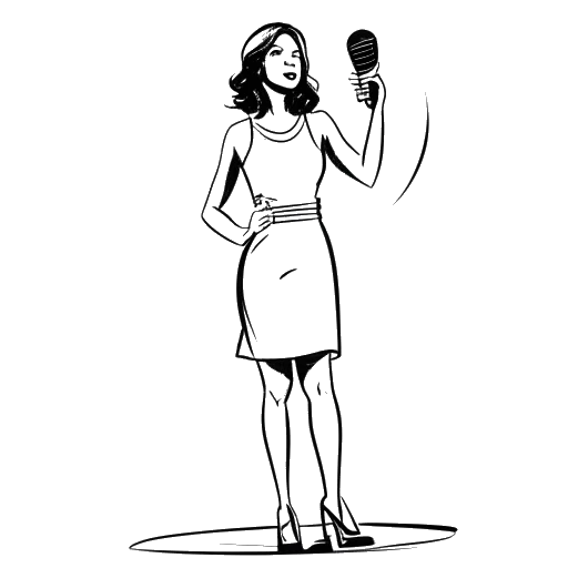 Dibujo lineal de una joven, que representa a Olivia Rodrigo, sosteniendo un micrófono y un Grammy, en un escenario que simboliza su carrera musical y actoral, con notas musicales y una bobina de película, sobre un fondo blanco.