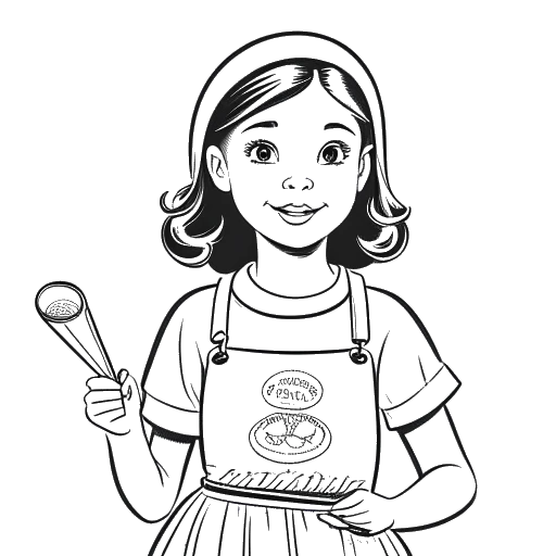Lijntekening van een jong meisje, dat Olivia Rodrigo vertegenwoordigt, met een bakgerei en gekleed in een outfit van American Girl.