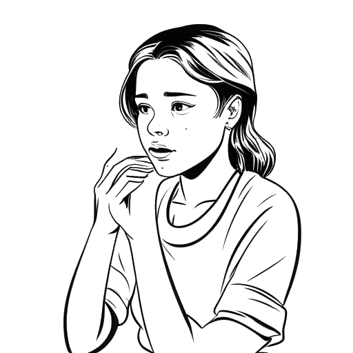 Dibujo de arte lineal de una joven, representando a Olivia Rodrigo, sosteniendo su pulgar roto con un vendaje.