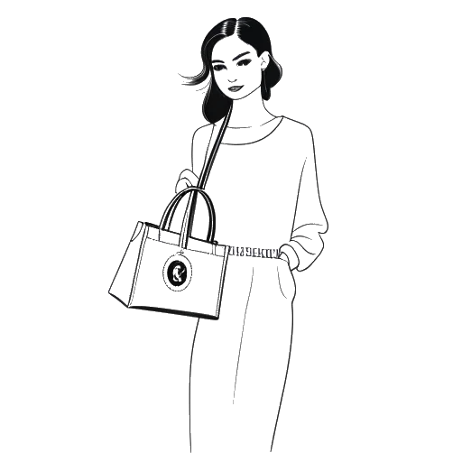 Desenho em arte linear de uma jovem representando Olivia Rodrigo segurando sua primeira grande compra de moda, uma bolsa Chanel.