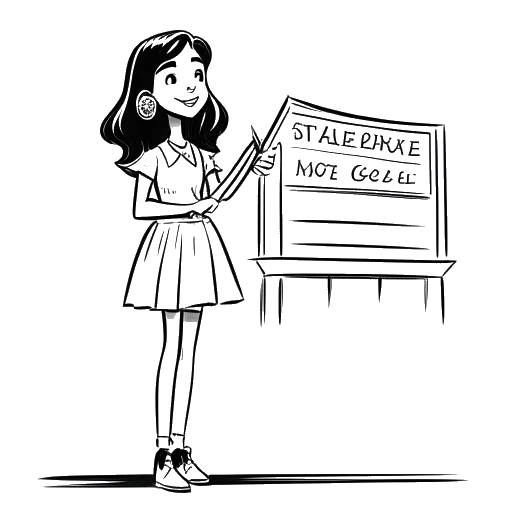 Line art drawing of a young girl, representing Olivia Rodrigo, holding a High School Musical script.