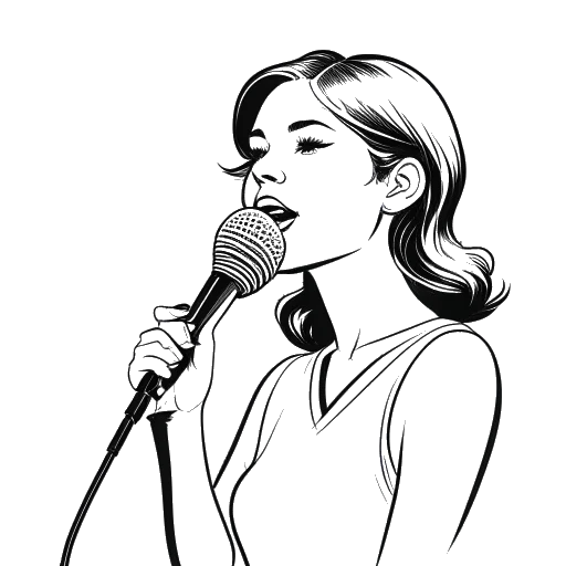 Line art drawing of a young woman, representing Olivia Rodrigo, holding a microphone and singing for The Hunger Games soundtrack.