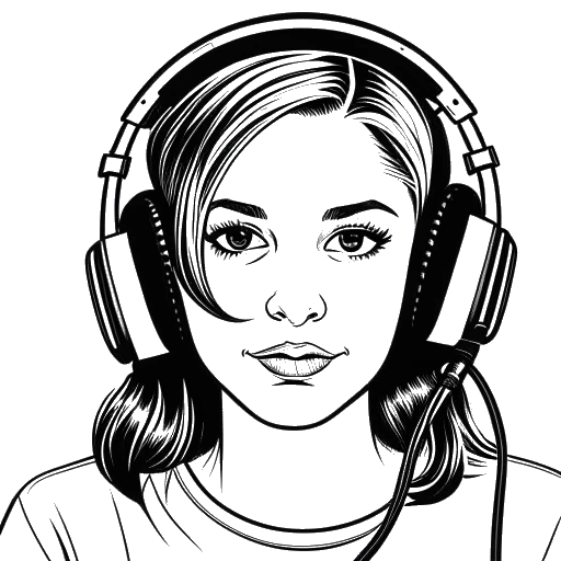 Line art drawing of a young woman, representing Olivia Rodrigo, listening to true crime podcasts.