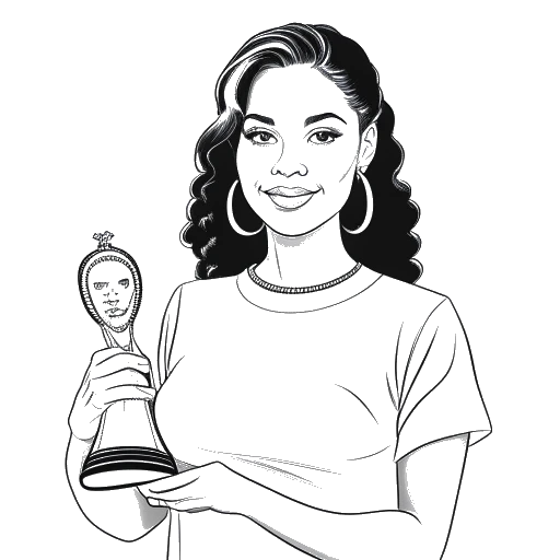 Line art drawing of a young woman, representing Olivia Rodrigo, holding a Grammy Award.