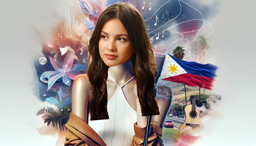 Olivia Rodrigo, composta e guardando direttamente verso la fotocamera, circondata da una miscela di simboli musicali e culturali filippini, vestita in stile indie-chic con paesaggi californiani.