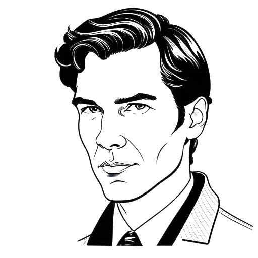 Dibujo de línea de Benedict Cumberbatch en sus roles versátiles, en blanco y negro, sobre un fondo blanco.