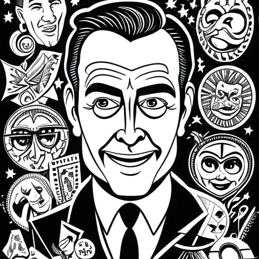 Line art drawing of a man, representing Benedict Cumberbatch, with sharp features, expressive eyes, and a confident smile. Surrounding him are symbols of a theater mask, a film reel, and a superhero emblem, showcasing his versatility. The background blends a theater stage, a movie set, and a gleaming dollar sign, symbolizing his illustrious acting career and financial success.