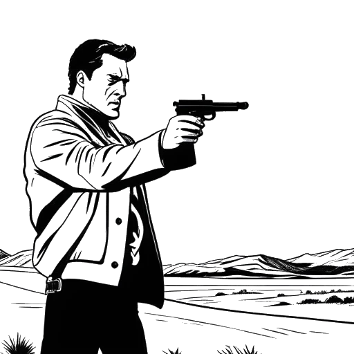 Line art drawing of a man, representing Benedict Cumberbatch, being held at gunpoint in a barren landscape.