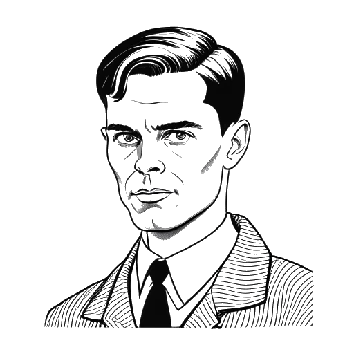 Line art drawing of a man, representing Benedict Cumberbatch as Alan Turing, working at a desk with papers and a typewriter.