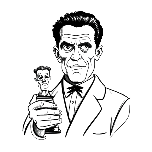 Dibujo de arte lineal de un hombre, representando a Benedict Cumberbatch, sosteniendo un premio al Mejor Actor por su papel en Frankenstein.
