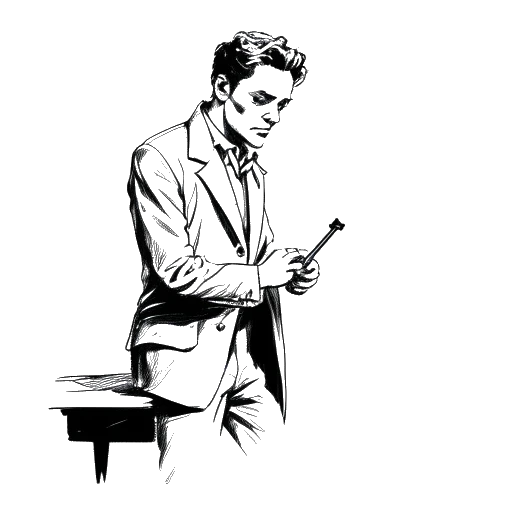 Desenho de arte linear de um homem, representando Benedict Cumberbatch, atuando no palco em Hedda Gabler.