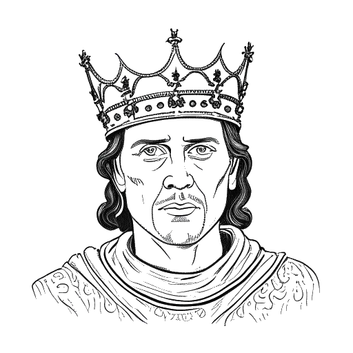 Lijntekening van een man, die Benedict Cumberbatch voorstelt als koning Richard III, met een kroon en koninklijke kledij.