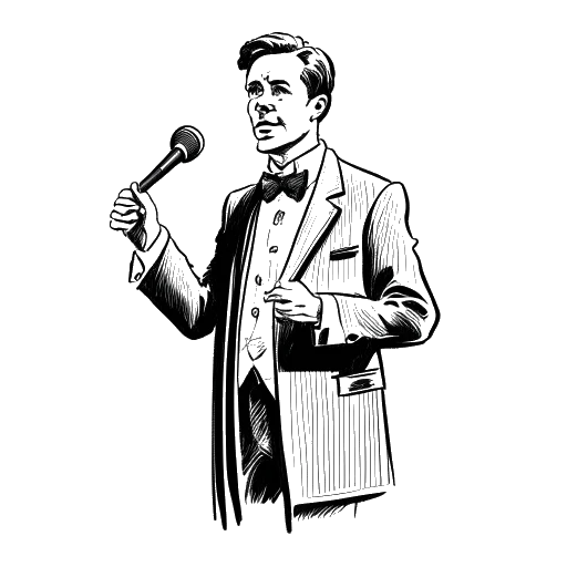 Line art drawing of a man, representing Benedict Cumberbatch, giving a speech as the president of the London Academy of Music and Dramatic Art.