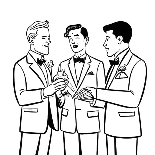 Line art drawing of Benedict Cumberbatch officiating at a same-sex wedding.