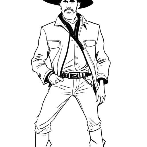 Line art drawing of a man, representing Benedict Cumberbatch in The Power of the Dog, wearing a cowboy hat and chaps.
