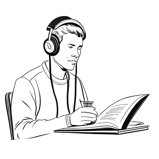Line art drawing of a man, representing Benedict Cumberbatch, in a recording studio, wearing headphones and holding a script.