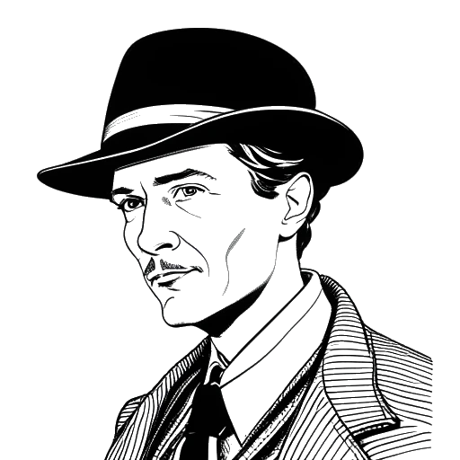 Dibujo de arte lineal de un hombre, representando a Benedict Cumberbatch como Sherlock Holmes, llevando un sombrero de caza y sosteniendo una pipa.