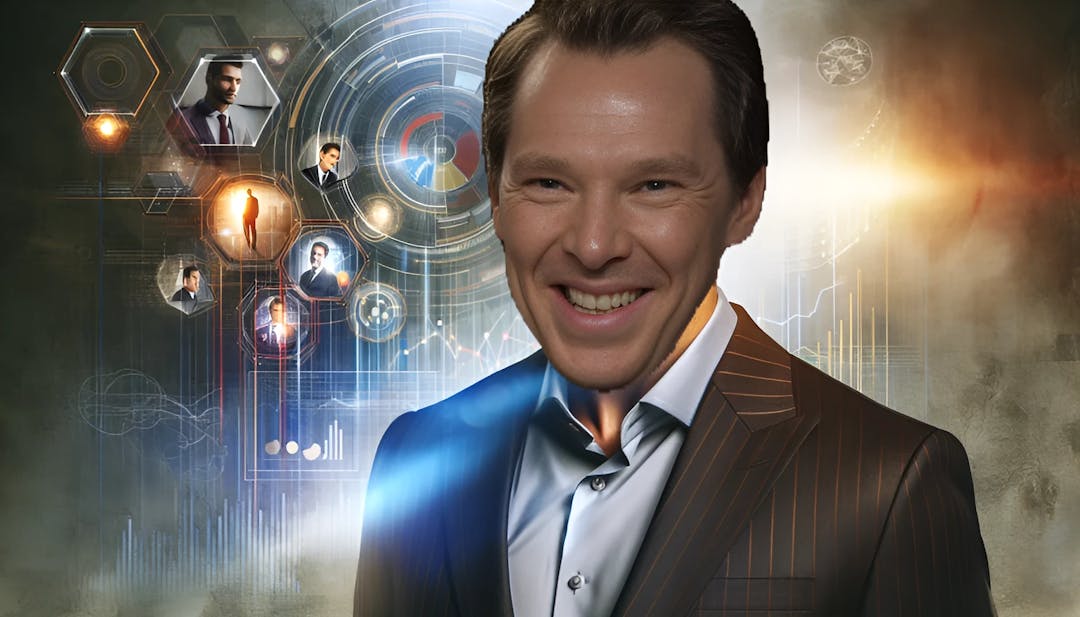 Benedict Cumberbatch, a charismatic actor with light/fair skin, looking directly at the camera with a warm and engaging smile, dressed in a stylish suit, against a backdrop of theatrical and technological elements.