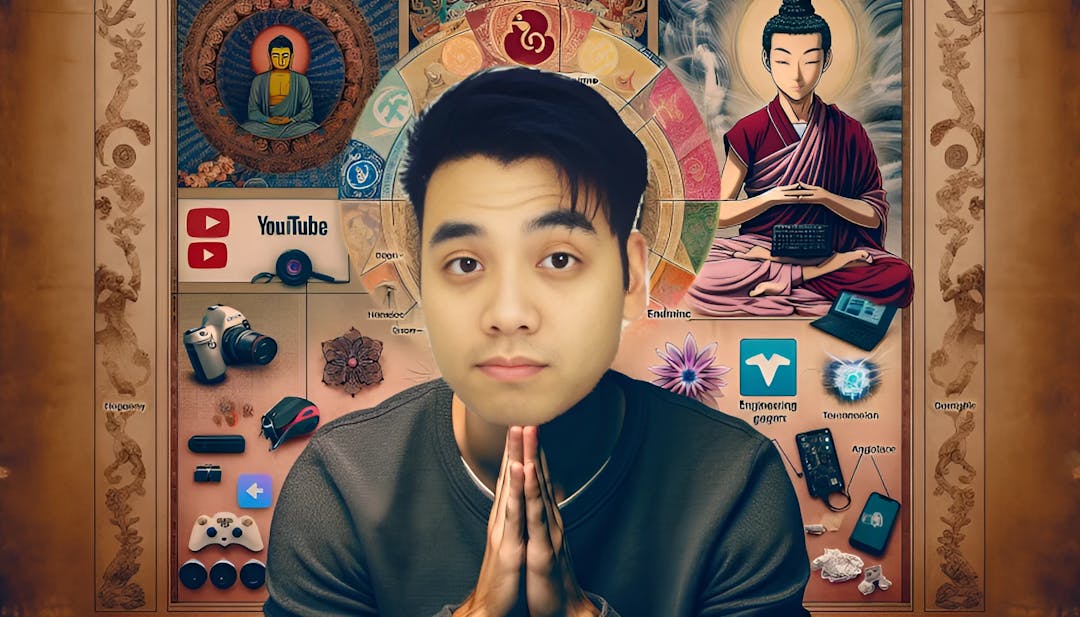 Gigguk, dargestellt in einem Vorschaubild mit Elementen des Buddhismus, Ingenieurwesens und Animes, strahlt eine nachdenkliche Präsenz vor dem Hintergrund symbolischer Artefakte aus.