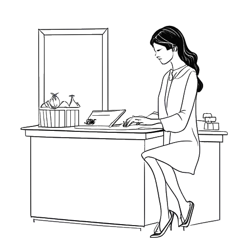 Strichzeichnung einer Frau, die Chryssanthi Kavazi darstellt, in einer Boutique arbeitend, vor einem weißen Hintergrund.