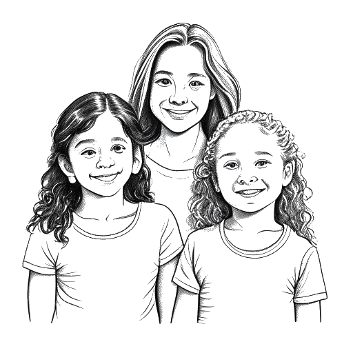 Strichzeichnung einer jungen Chryssanthi Kavazi mit ihren drei älteren Geschwistern, die ihre Kindheit in Hillerse, Deutschland, repräsentiert