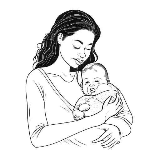 Strichzeichnung von Chryssanthi Kavazi, die ihren neugeborenen Sohn hält