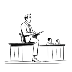 Strichzeichnung eines Mannes, der Bill Kaulitz darstellt, der aufmerksam an einem Richtertisch für eine Fernsehsendung sitzt und sich auf die Bühne konzentriert, vor weißem Hintergrund.