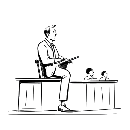 Strichzeichnung eines Mannes, der Bill Kaulitz darstellt, der aufmerksam an einem Richtertisch für eine Fernsehsendung sitzt und sich auf die Bühne konzentriert, vor weißem Hintergrund.