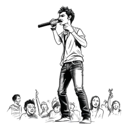 Line art depicting a charismatic young man, representing Bill Kaulitz, delivering a magnetic performance on stage with his band in the background, against a white backdrop.