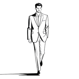 Strichzeichnung eines Mannes, der Bill Kaulitz darstellt, der mit Selbstbewusstsein und Stil den Laufsteg beherrscht, vor weißem Hintergrund.