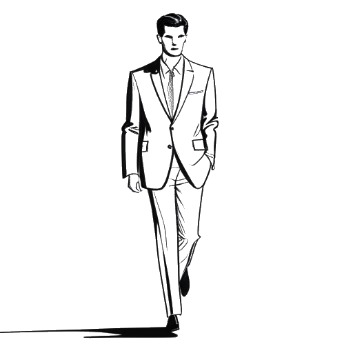 Line art drawing of a man, representing Bill Kaulitz, owning the fashion runway with his confidence and style, against a white backdrop.
