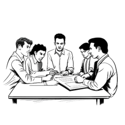 Line art drawing of a group of young men, representing Bill Kaulitz and his bandmates, signing their first contract, evolving into the famed Tokio Hotel against a white backdrop.