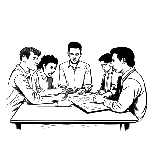 Strichzeichnung einer Gruppe junger Männer, die Bill Kaulitz und seine Bandkollegen darstellen, bei der Unterzeichnung ihres ersten Vertrags, womit sie sich in das berühmte Tokio Hotel verwandelten, vor weißem Hintergrund.